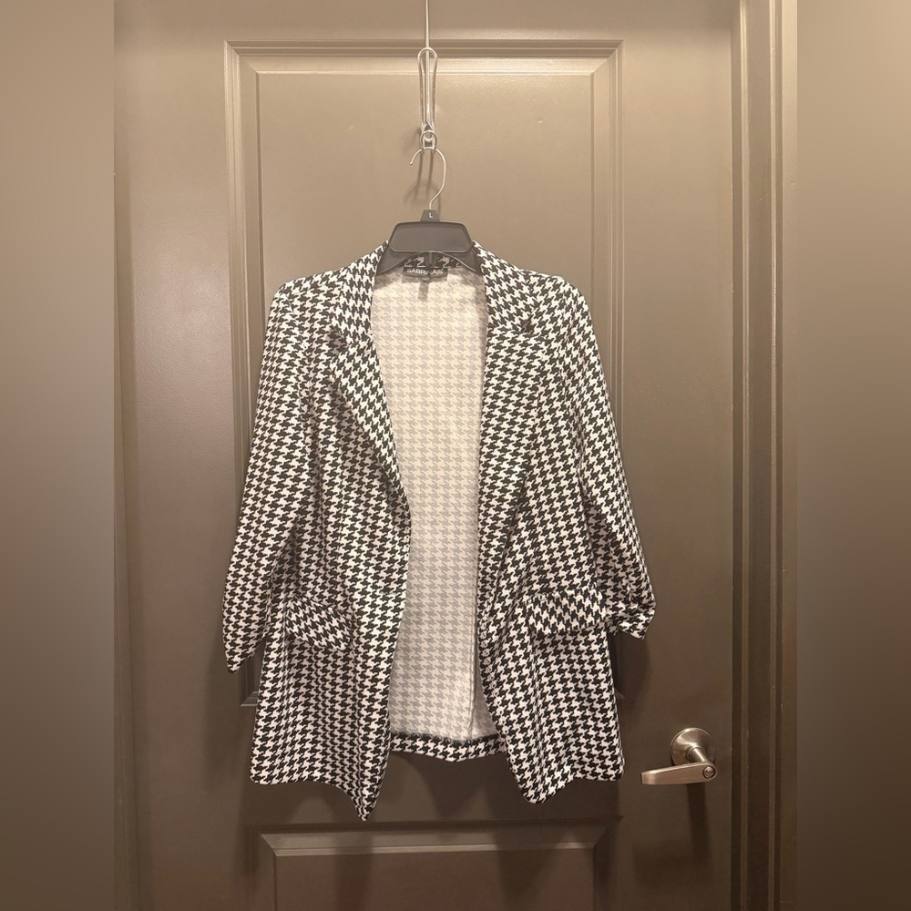 Houndstooth Open Front Blazer Jacket Blazer- Black & White